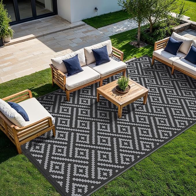 GENIMO Outdoor Rug for Patio Clearance,10x14 Waterproof Large Mat,Reversible Plastic Camping Rugs,Rv,Porch,Deck,Camper,Balcony,Backyard (Black & Grey)