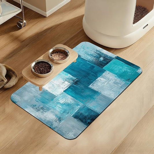 Blue Teal Dog Cat Food Mat–Christmas Stocking Absorbent Waterproof Placemat for Food and Water Bowls, Non Slip Rubber Backing, Feeding Mat for Clean Floors 12"x20"