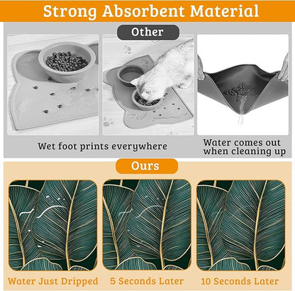 Tropical Palm Feeding Mat,Green Leaves Absorbent Quick-Dry Cat Dog Food and Water Bowl Mats,Non-Slip Rubber Backing Mat,Cat Dog Accessories Supplies 16" x 24"