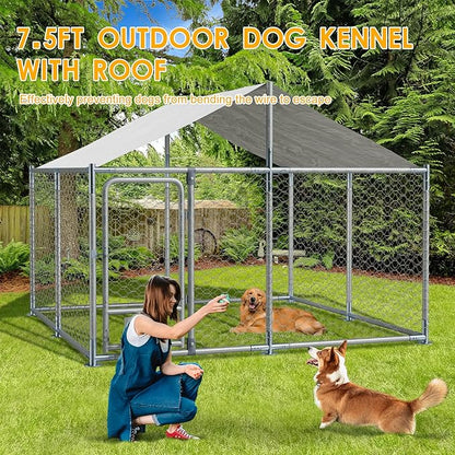 7.5×7.5×5.3 FT Outdoor Dog Kennel with Roof, Dog Enclosure w/Rotating Feeder, Large Heavy Duty Dog Run Playpen w/2 Stainless Bowls, Galvanized Pet House w/Secure Lock, Waterproof Cover (7.5FT)