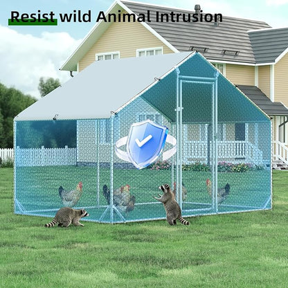 4ever2buy Large Metal Chicken Coop with Run Walk-in Poultry Cage Chicken Runs House Pen Cage Spire Roofed Chicken Coops with Anti-Ultraviolet Cover for Outdoor Backyard Farm Use 9.8’L x 6.6’W x 6.4’H
