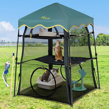Instant 3-Tier Cat Catio Tent with 2 Interchangeable Covers (Scalloped Green + Black),X-Large Cat Enclosure for Indoor and Outdoor,3 Tier Cat Cage,Two Doors Design can Assemble More Shapes (Patented)