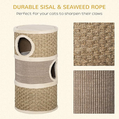 PawHut 28 Inch Cat Condo, 3 Story Cat Hideaway with Sisal Scratching Pad, Barrel Shaped Small Cat Tree for Indoor Cats, Khaki and Brown