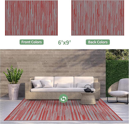GENIMO Outdoor Rug for Patio Clearance, 6'x9' Waterproof Camping Mat, Reversible Plastic Straw Rugs for RV, Camper, Balcony, Backyard, Picnic, Deck (Red Grey)