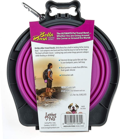 Loving Pets - Bella Roma Double Diner Portable Travel Dog Bowls Collapsible Combined Dog Food & Water Bowls (Pink, Medium)
