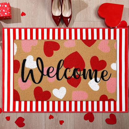 Tinideya 2 Pcs Valentine Door Mat Heart Welcome Outdoor Non Slip Coir Mats Red and White Stripe Floor Layering Doormats Seasonal for Front Porch Entryway Decor(Valentine Heart)