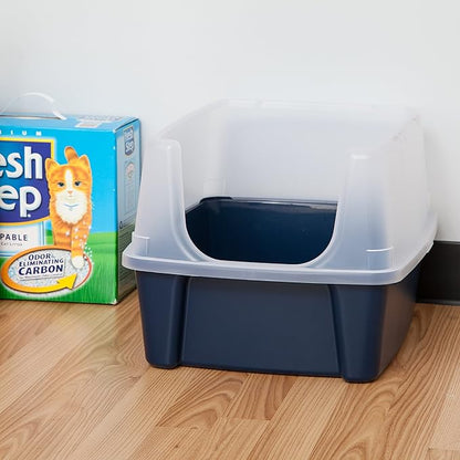 IRIS USA High Sided Cat Litter Box with Scatter Shield and Scoop, Open Top Cat Litter Pan, Navy