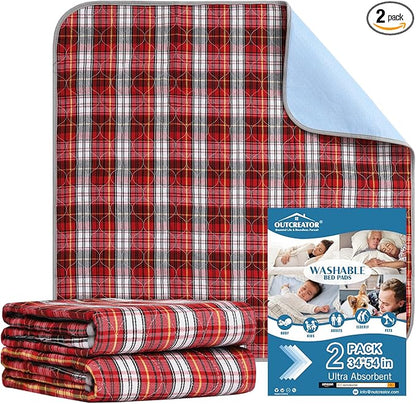 OUTCREATOR® Washable Bed Pads 34" x 54" (Pack of 2) for Incontinence Mattress Protector, Reusable Underpads for Elderly, Adults, Kids, Pets with Anti-Slip Bottom (Red Plaid)