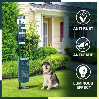 Qinyoung Pet Waste Station, Includes 600 Roll Bags, Dog Waste Station with Foot Pedal, Dog Poop Sign, Bag Dispenser, Hand Sanitizer Bottle and Covered Outdoor Trash Can for Parks, Trails Outdoor