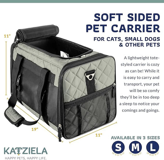 Deluxe Quilted Airline Approved Pet Dog & Cat Carrier for Airplane Travel - by Katziela (Large, Gray)