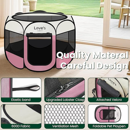 Love's cabin Pet Puppy Dog Playpen, Medium Dog Tent Crates Cage Indoor/Outdoor, Portable Playpen for Cat, Foldable Pop Up Dog Kennel Playpen with Carring Case, Removable Zipper Top, Light Pink