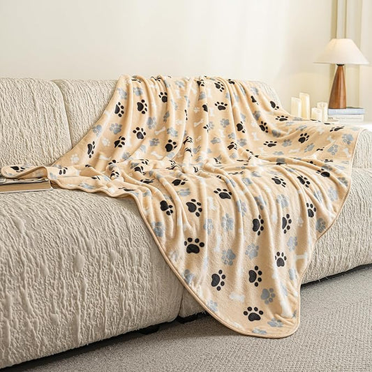 Dog Blanket Paw Bone Pattern 1 Pack 1 Super Soft Warm Flannel Sofa Cover Car Bed Protector, Urine Proof Washable Outdoor Pet Blanket for Puppy Large Dogs & Cats,80"*60" Beige