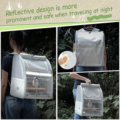 Sanmoncare Bird Carrier Backpack with 2 Adjustable Perches, Water-Repellent Parrot Travel Cage with Stainless Steel Tray, Breathable Pet Carrier for Cockatiels, Conures and Vet Visits