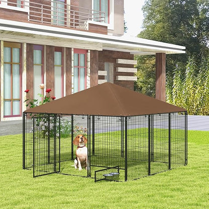 PawHut Outside Dog Kennel, 7' x 7' x 5' Puppy Play Pen with Canopy, Garden Playpen Fence Crate Enclosure Cage Rotating Bowl, for Dogs, Chickens, Ducks, Black