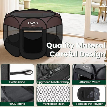 Love's cabin Pet Puppy Dog Playpen, Medium Dog Tent Crates Cage Indoor/Outdoor, Portable Playpen for Cat, Foldable Pop Up Dog Kennel Playpen with Carring Case, Removable Zipper Top, Brown