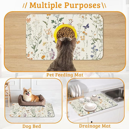 Wildflowers Butterfly Dog Cat Food Mat,Plants Absorbent Waterproof Placemat for Food and Water Non Slip Rubber Backing Durable Feeding Pad for Clean Floors 12" x 20"