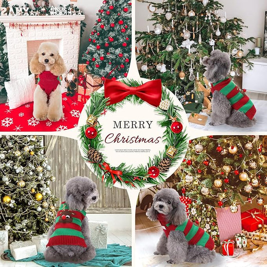 Dog Cat Christmas Sweater Boy Girl Ugly Reindeer Xmas Pet Clothes Holiday Puppy Costume New Year Gifts for Small Medium Large Dogs Outfits (XXS, Red Green Stripe Reindeer)