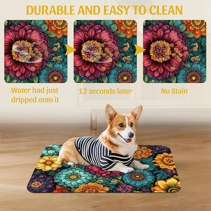 Vintage Floral Pet Feeding Mat, Fast-Dry Absorbent Dog and Cat Bowl Mat, Waterproof Rubber Base – 12x20 Inch
