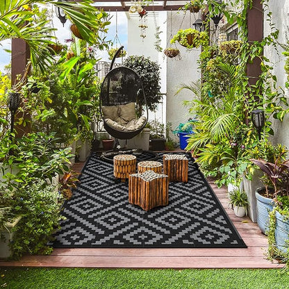 GENIMO Outdoor Rug 4x6 Waterproof, Reversible Mats, Outdoor Area Rug, Plastic Outside Carpet, Eeometric Rv Mat for Patio Camping Rv Picnic Backyard Deck Balcony Porch Beach (Black & Grey)