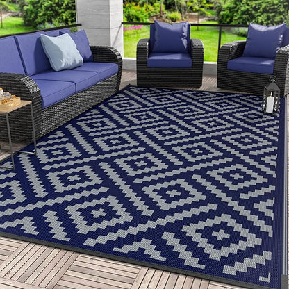 GENIMO Outdoor Rug for Patio Clearance, 10'x14' Waterproof Camping Mat, Reversible Plastic Straw Rugs for RV, Camper, Balcony, Backyard, Picnic, Deck (Blue & Grey)