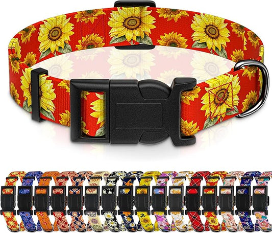 Dog Collar, Floral Boys Girls Puppy Collar for Small Medium Large Dogs, Adjustable Soft Pet Collar with Safety Buckle for Male Females (Red Sunflower, XL)