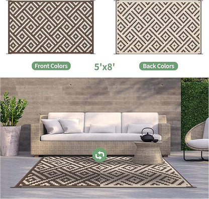 GENIMO 5x8 Outdoor Rug Waterproof, Reversible Mats, Outdoor Area Rug, Plastic Outside Carpet, Geometric Rv Mat for Patio Camping Rv Picnic Backyard Deck Balcony Porch Beach Trailer (Coffee&Beige)