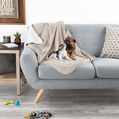 Waterproof Pet Blanket - 30x40-Inch Reversible Sherpa Fleece Throw Protects Couches, Cars, and Beds from Spills, Stains, and Fur by PETMAKER (Tan)