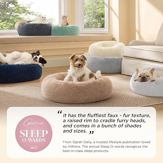Bedsure Calming Dog Beds Large Sized Dog - Donut Washable Large Pet Bed, 36 inches Anti-Slip Round Fluffy Plush Faux Fur Dogs Bed, Fits up to 80 lbs Pets, Camel