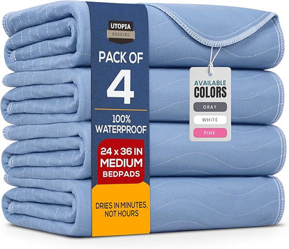 Utopia Bedding Washable Underpads 24" x 36" (Pack of 4), Waterproof Reusable Heavy Absorbency Incontinence Bed Pads for Adults, Kids, Elderly and Pets, Bedwetting Pads for Sofa and Couch (Blue)