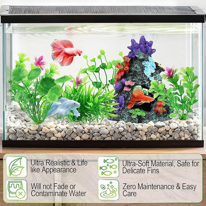 MyLifeUNIT Fish Tank Decorations, 7 Pieces Aquarium Plants Set with Coral Reef Decoration Mountain Cave Ornament for Betta, Goldfish, Shrimp to Breed, Play and Rest (Green)