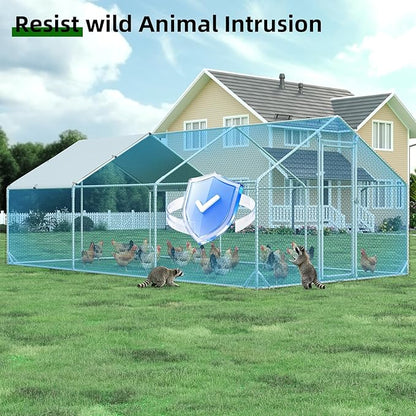 Large Metal Chicken Coop with Run Walk-in Poultry Cage Chicken Runs House Pen Cage Spire Roofed Chicken Coops with Anti-Ultraviolet Cover for Outdoor Yard Farm Use 9.8’L x 19.7’W x 6.4’H