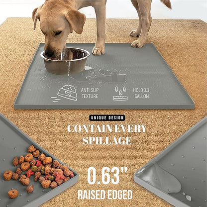 AVERYDAY 100% Waterproof Thicker Silicone Dog Food Mat, 0.63'' Raised Edge Bowl Mat for Food & Water, Non Slip Pet Feeding Placemat for Messy Drinkers, Perfect for Large Medium Small Breeds, 32"x24"