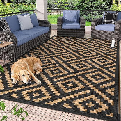 GENIMO Outdoor Rug for Patio Clearance,9'x12' Waterproof Large Mat,Reversible Plastic Camping Rugs,Rv,Porch,Deck,Camper,Balcony,Backyard (Black & Brown)