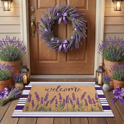 Tinideya 2 Pcs Lavender Door Mat Purple and White Stripe Welcome Non Slip Coir Mats Flower Floor Layering Doormats Seasonal for Front Porch Entryway Decor(Lavender)