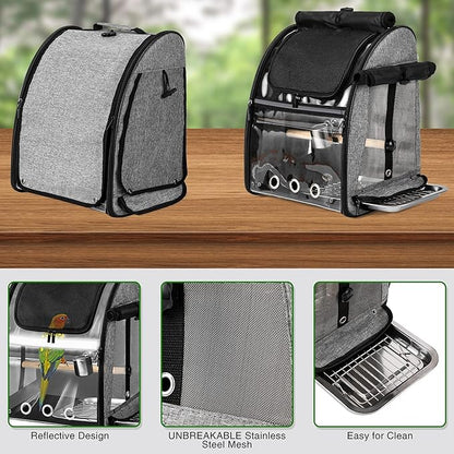 SUERTREE Bird Carrier Bag with Indestructible Stainless Steel Mesh, Bird Travel Cage with Stand, Easy to Clean Backpack for Parrot, Portable Bird Travel Bag, Grey