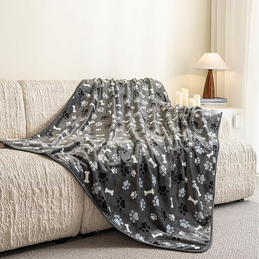 Dog Blanket Paw Bone Pattern 1 Pack 2 Super Soft Warm Flannel Sofa Cover Car Bed Protector, Urine Proof Washable Outdoor Pet Blanket for Puppy Large Dogs & Cats,40"*30" Grey