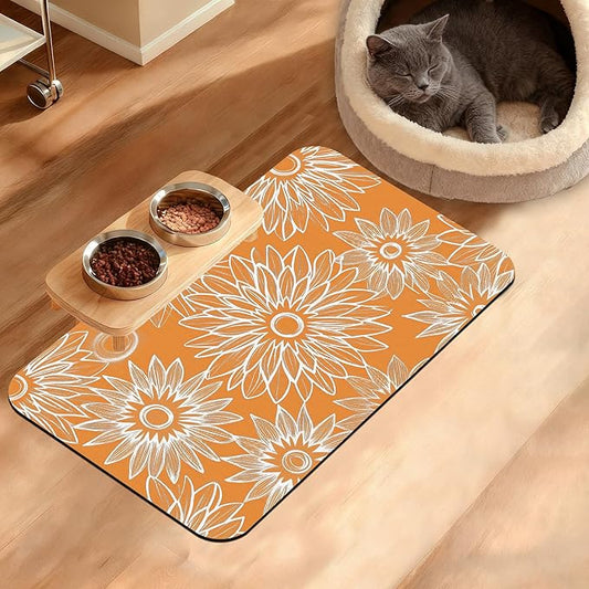 Retro Geometric Aesthetic Dog Food Mat,Orange Absorbent Pet Feeding Mat for Food and Water Bowl,Quick Dry Dog Placemat Non Slip Rubber Backing Waterproof Pet Supplies 12" x 20"