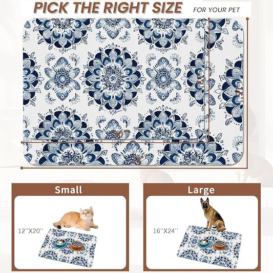 Mandala Flower Dog Food Mat for Floors,Blue Boho Floral Absorbent Quick-Dry Pet Feeding Mat,Cat Dog Bowl Mats for Food and Water,Non-Slip Pet Accessories Supplies 12"x20"