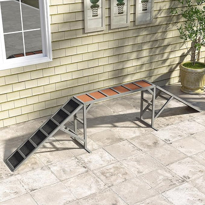 PawHut Wooden Dog Agility Equipment with Safety Bar, Non-Slip Surface, Dog Playground Ramp, Pet Obstacle Course for Backyard, Park, Walk and Pause Training, Gray