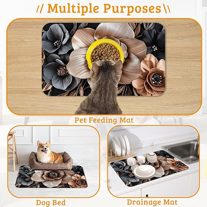 Black Brown Flower Feeding Mat,Artistic Absorbent Quick-Dry Cat Dog Food and Water Bowl Mats,Non-Slip Rubber Backing Mat,Cat Dog Accessories Supplies 12" x 20"