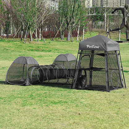 Catio Outdoor Cat Enclosure, 3-in-1 Extra Large Portable Cat Playpen with Tower Tent & Tunnel, Foldable Waterproof Mesh Catio for Indoor Outdoor Cats & Small Pets