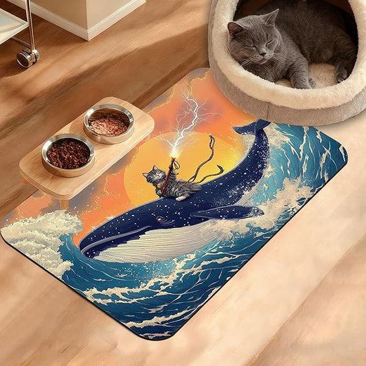 Dog Bowl Mat,Cat Shark Pet Feeding Mat for Floors Waterproof,Ocean Wave Absorbent Dogs Placemat for Food and Water Quick Dry Pet Cat Feeding Mats with Non Slip Bottom 16" x 24"