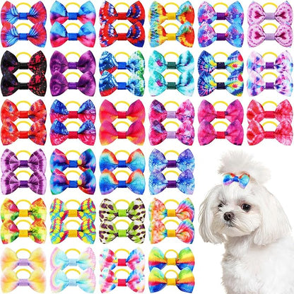 60 Pcs Cute Puppy Dog Hair Bows Small Bowknot Hair Bows with Rubber Bands Handmade Knot Accessories Pet Grooming Products for Holiday Birthday Gift(Tie Dye)