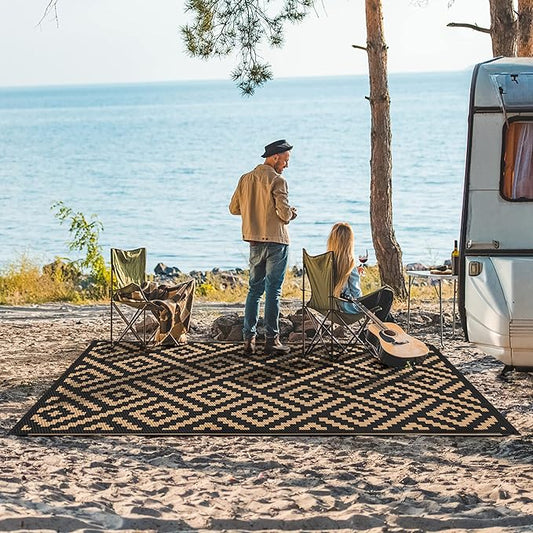 GENIMO Outdoor Rugs 8x10 Waterproof, Reversible Mats, Area Plastic Straw Rug, Outside Carpet, Geometric Rv Mat for Patio Camping Rv Picnic Backyard Deck Balcony Porch Beach Trailer (Black & Brown)