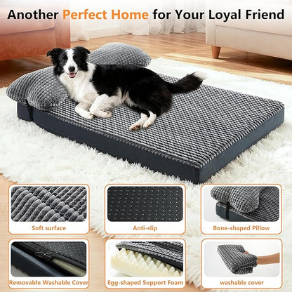 KISYYO Orthopedic L Dog Beds for Large Dogs with Removable Washable Cover and Removable Pillow for Crate,Waterproof Extra Large Dogs Mat, Grey, 35x23