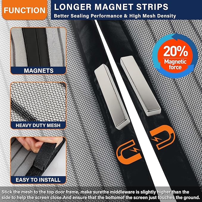 Magnetic Screen Door, Fit Door Size 32 x 96 Inches, Screen Doors with Magnets, Pet & Kid Friendly，Works with Front Doors, Sliding Doors ‎Black