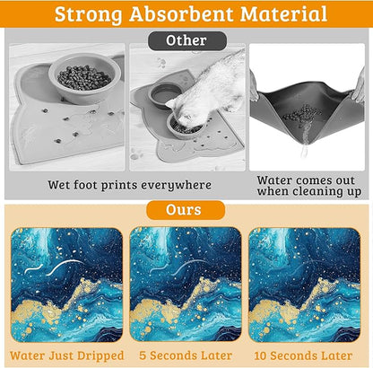 Dog Bowl Mat,Blue Gold Marble Pet Feeding Mat for Floors Waterproof,Flowing Absorbent Dogs Placemat for Food and Water Quick Dry Pet Cat Feeding Mats with Non Slip Bottom 12" x 20"