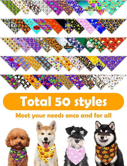 PET SHOW 50 Pack Halloween Big Dog Bandanas Bulk XL Washable Triangle Bibs for Medium Large Dogs Girl Boy Ghost Pumpkin Kerchief Set Pet Scarves Holiday Grooming Accessories