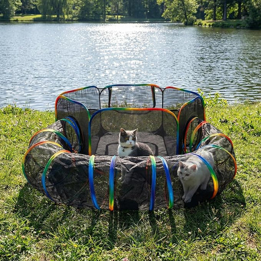 LUCKITTY Portable Cat Enclosure - 2-in-1 Outdoor Catio with Tent & Tunnel, Foldable Playpen for Indoor Cats, Includes Storage Bag for Cats & Small Animals Rainbow Color
