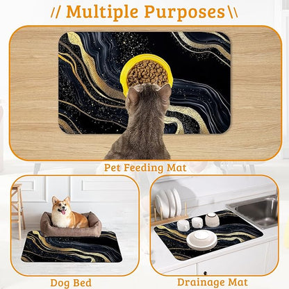 Dog Bowl Mat,Abstract Marbled Pet Feeding Mat for Floors Waterproof,Gold Black Absorbent Dogs Placemat for Food and Water Quick Dry Pet Cat Feeding Mats with Non Slip Bottom 12" x 20"